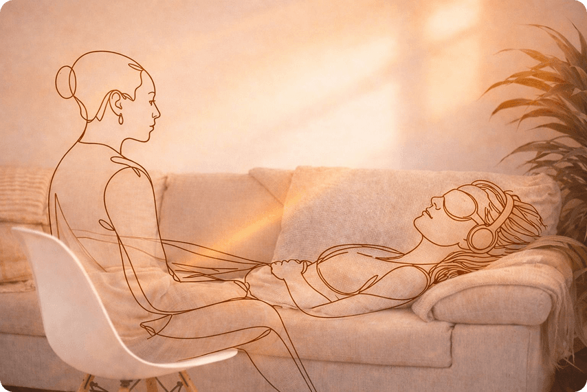 Clinician seated beside a patient in a treatment room